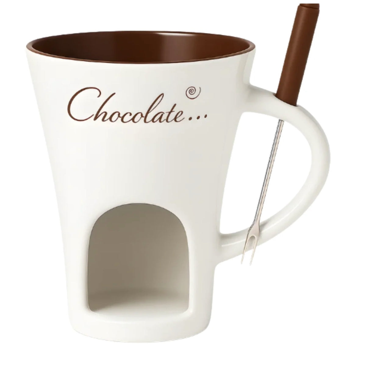 Taza fondue de chocolate blanca con interior marrón y tenedor