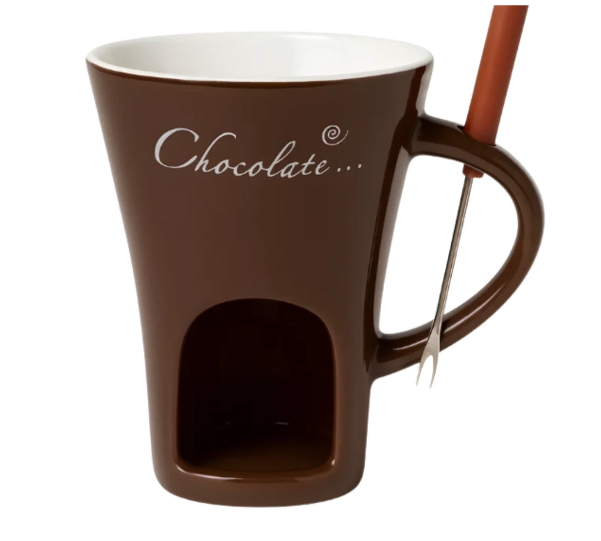 Taza fondue de chocolate marrón con tenedor