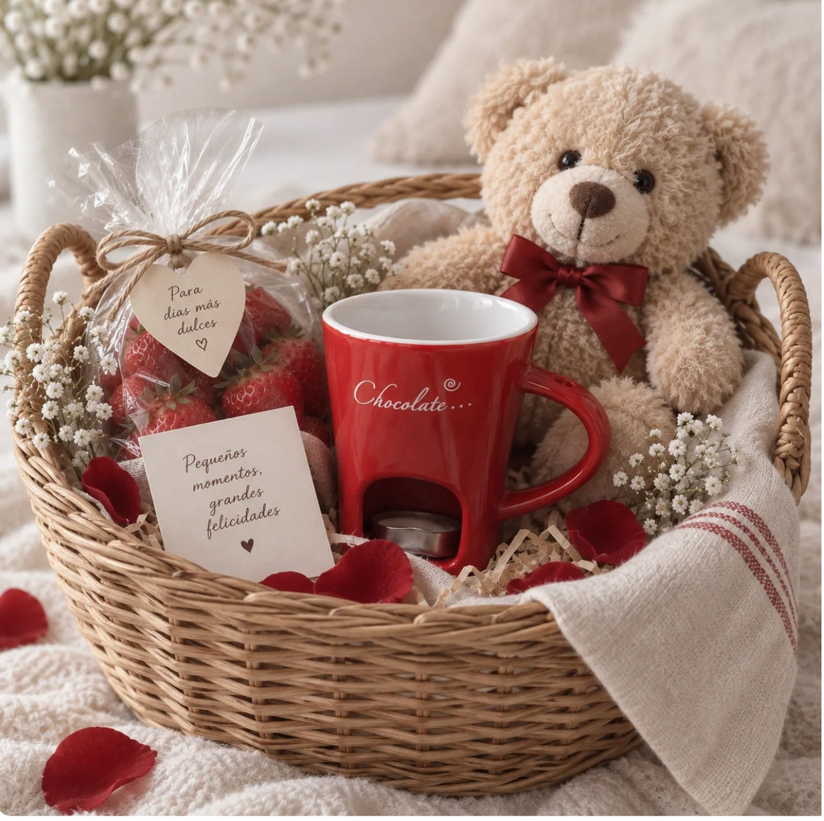 Taza fondue de chocolate roja en cesta de regalo con peluche y fresas