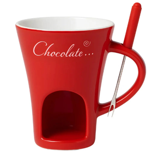 Taza fondue de chocolate roja con tenedor